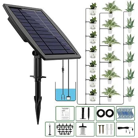 JIYANG Solar Automatic Plant Watering Kit w/ 12 Timer Modes for 20-30 Plant Pots