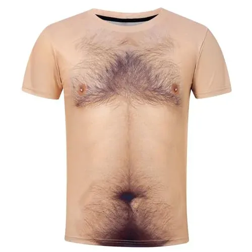 Fanient Mens Funny T-Shirt 3D Hairy Chest Print Novelty Crewneck Tee