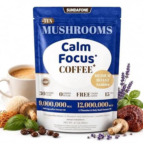 SUNDAFONE Instant Mushroom Coffee Medium Roast w/ L-Theanine 10-Mushroom Blend (30 Servings)