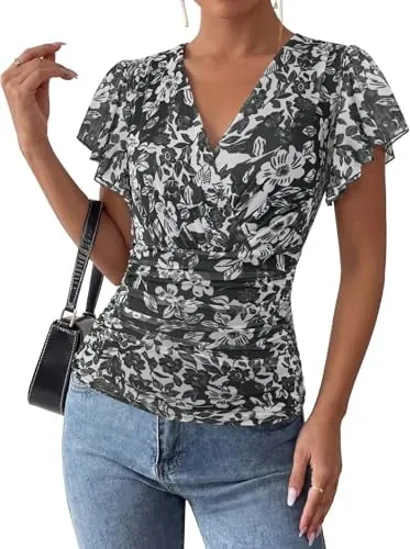 GRACE KARIN Women's Floral Mesh Wrap V-Neck Tops