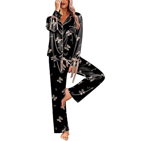 2-Pc Ekouaer Women's Satin Long Sleeve Button-Down Pajama Set (Various)