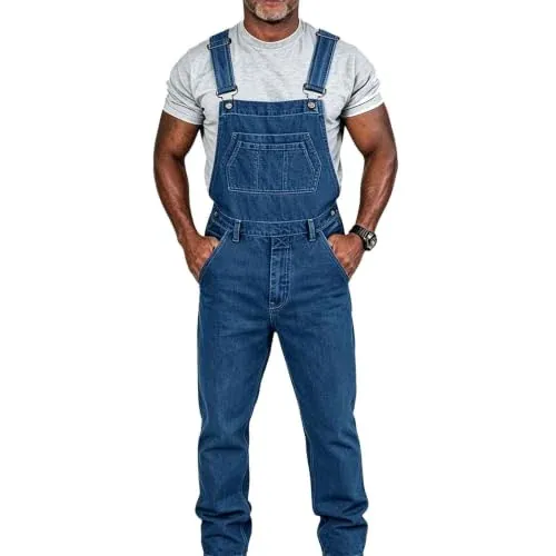 Men Denim Bib Work Jumpsuits with Adjustable Straps