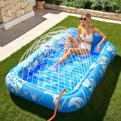 Voice-tank 77" x 48" Inflatable Pool Lounger Tanning Float w/ Sprinkler (Blue)