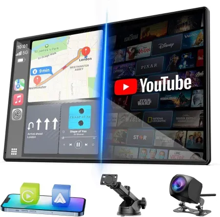 LAMTTO 9" Wireless CarPlay Screen with 720p Backup Camera & Streaming Apps