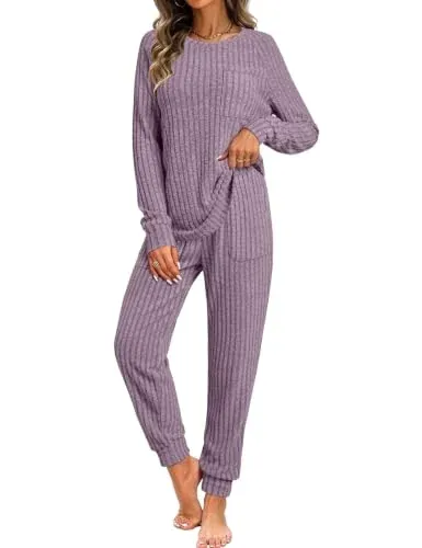 JUSTFASHIONNOW Women's 2-Pc Ribbed Knit Lounge Sets
