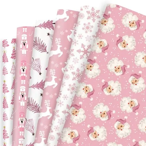 Pink Christmas Wrapping Paper 20 x 28 in, 6-Sheet Bulk Pack