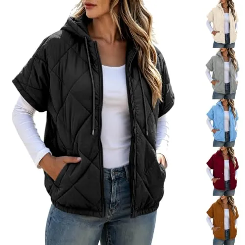Women's Puffer Vest with Hood Short Sleeve Quilted Jackets Funnel Neck Coat