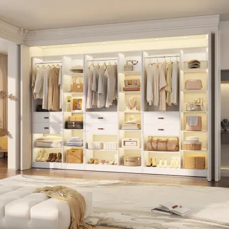 Rebrilliant 120'' W Closet System w/ Wooden Drawers, Hanging Rods & 30 Shelves