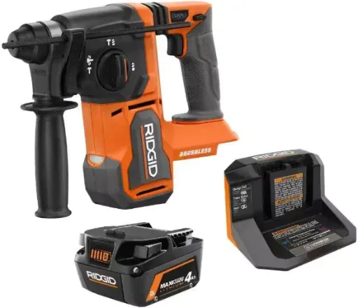 RIDGID 18V Brushless 1" SDS-Plus Rotary Hammer Kit with 4.0Ah Battery & Charger