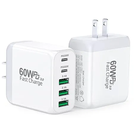 2-Pk 60W Max 5-Port CSODINCE USB-C Wall Charger Block w/ PD & QC 3.0
