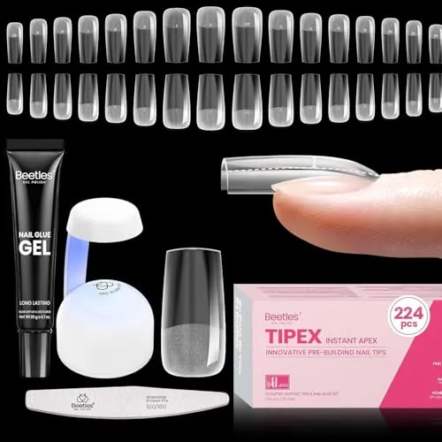 Beetles 224-Piece Tipex Instant Apex Soft Gel Clear Press On Nail Kit w/ UV Lamp & Gel Glue (Square or Coffin)