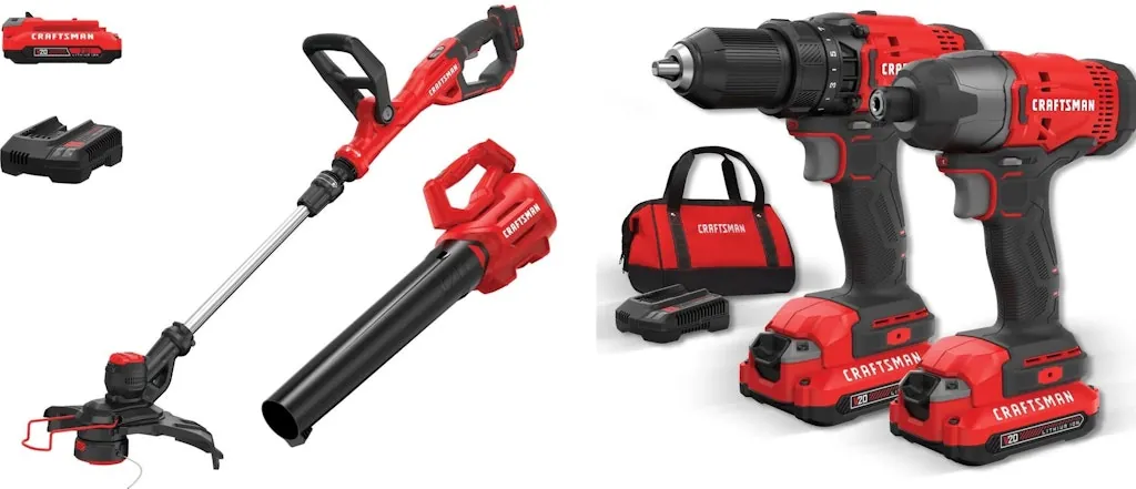 Craftsman V20 Brushless String Trimmer, Leaf Blower, Drill/Driver, and Impact Driver Bundle