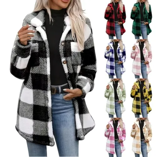 Sherpa Fleece Button Down Plaid Fuzzy Flannel Shacket