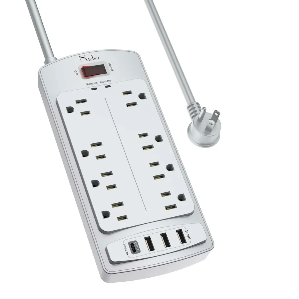 Flat Plug 8-Outlet Surge Protector Power Strip w/ 4 USB Ports
