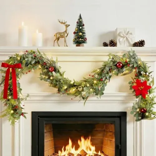 SeasonBliss 6FT Glitter Christmas Garland with Lights & 4 Types of Greenery
