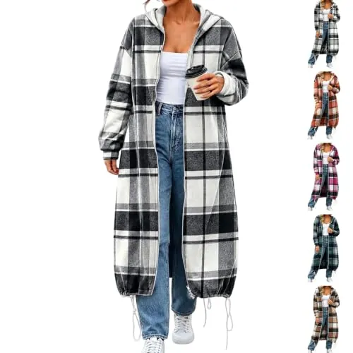 Long Plaid Shacket Women Flannel Full Zip Up Hoodies with Pockets