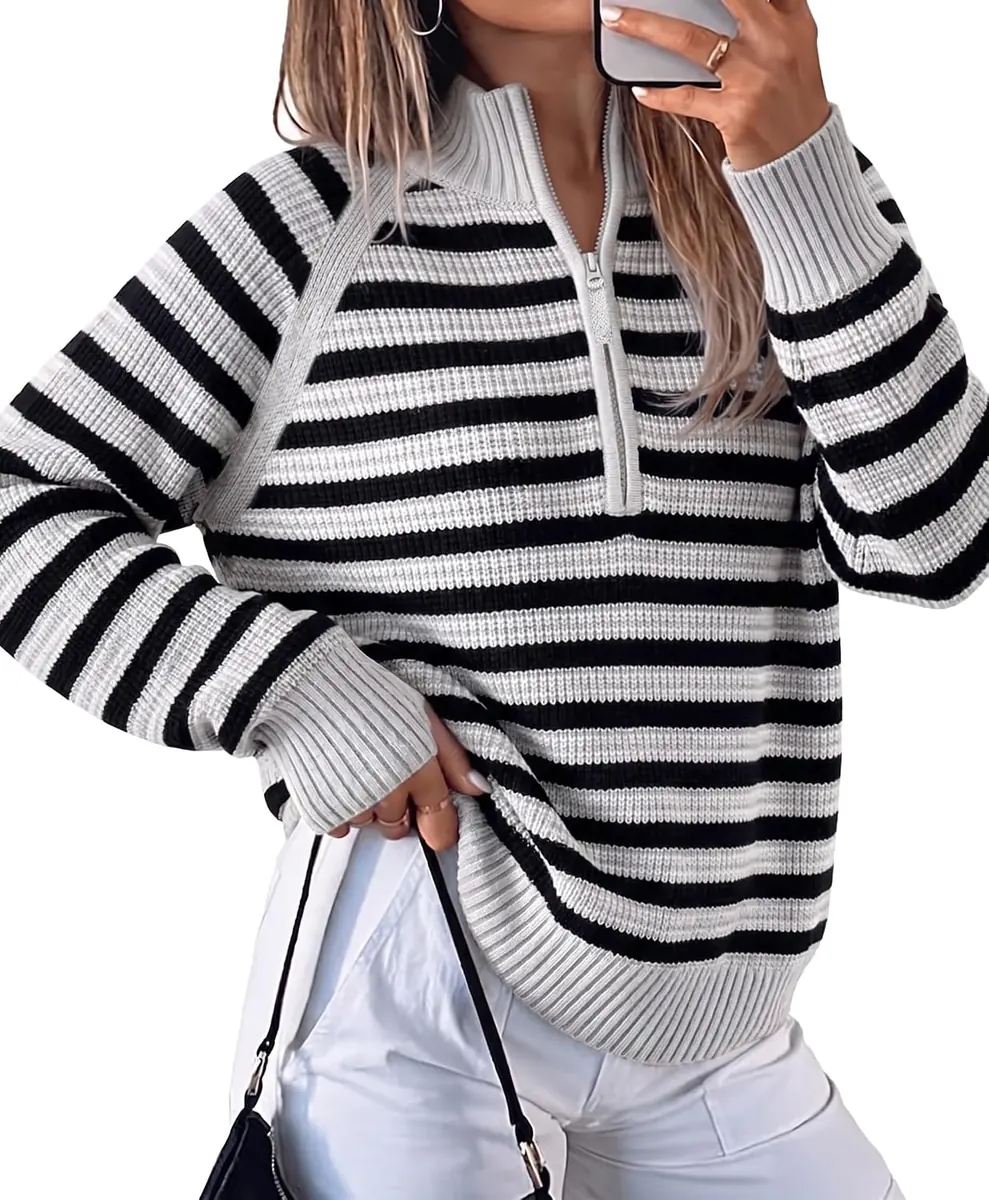 FISOEW Half-Zip Striped Sweater