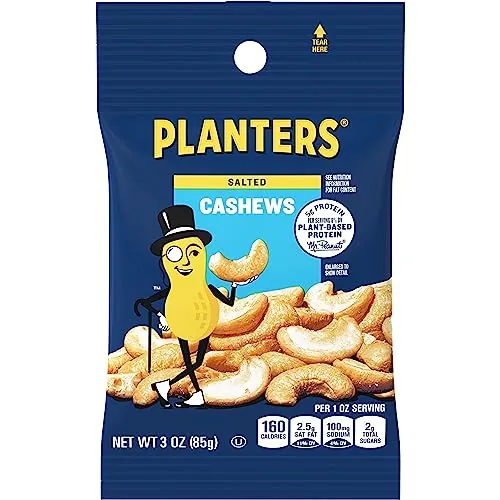 PLANTERS Salted Whole Cashews, Plant Based Protein, 3 Oz (12 Ct) | Roasted Cashews. Snacks for Adults, 12 Snack Packs. Plant Based Protein Snack. Pantry Staples