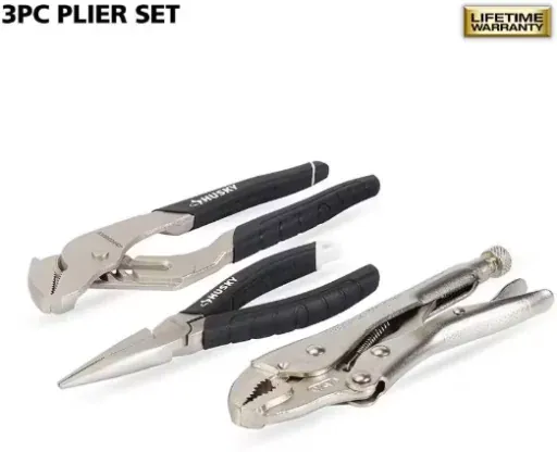 Husky 3-Piece Pliers Set (Curved Jaw Locking, Long Nose, Groove Joint)