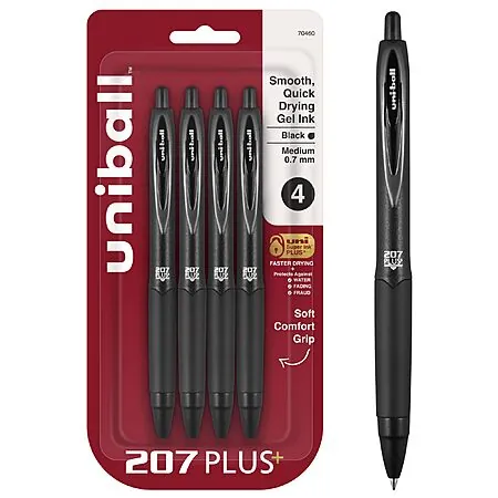 4-Pk uniball 207 Plus+ Retractable Gel Pens (Medium Point, 0.7mm, Black)