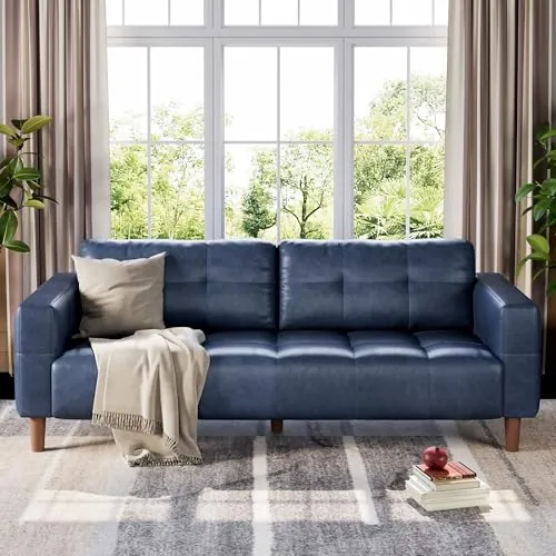 IDEALHOUSE 83” Blue Faux Leather 3 Seater Couch