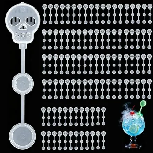 Halloween Dry Ice Swizzle Sticks Glow in Dark Skull Plastic Stirrers, 100 Count