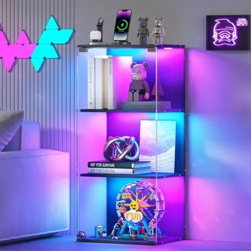 3-Tier Display Curio Cabinet with Glass Doors & RGB Lights