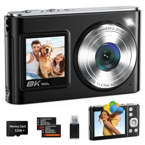 4K Digital Camera with Dual Screens 16X Zoom 32GB Card and 2 Batteries