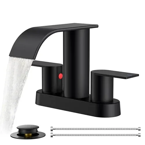 FORIOUS 4" Centerset 2-Handle Waterfall Bathroom Faucet w/ Pop-Up Drain (Matte Black)