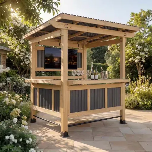 Outdoor Gazebo w/ Cedar Frame, PVC Roof & Dual Bar Counter 7' x 6'