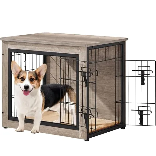 Yaheetech Wooden Dog Crate Side Table 27.5" with Double Entry & Padded Cushion