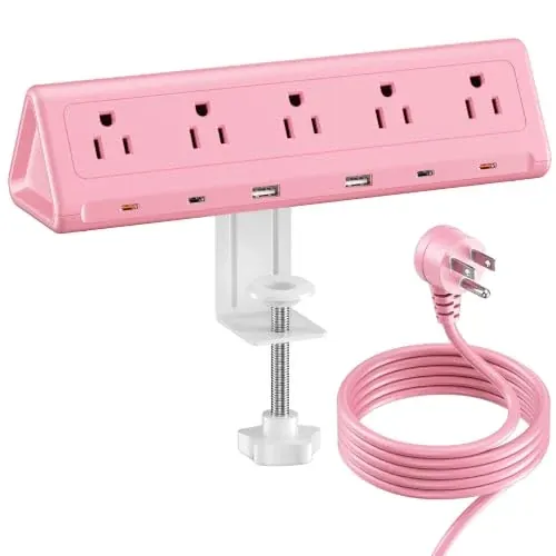 SMALLRT Pink Desk Clamp Power Strip with 6.5 FT Extension Cord, PD 40W USB-C Fast Charging Ports