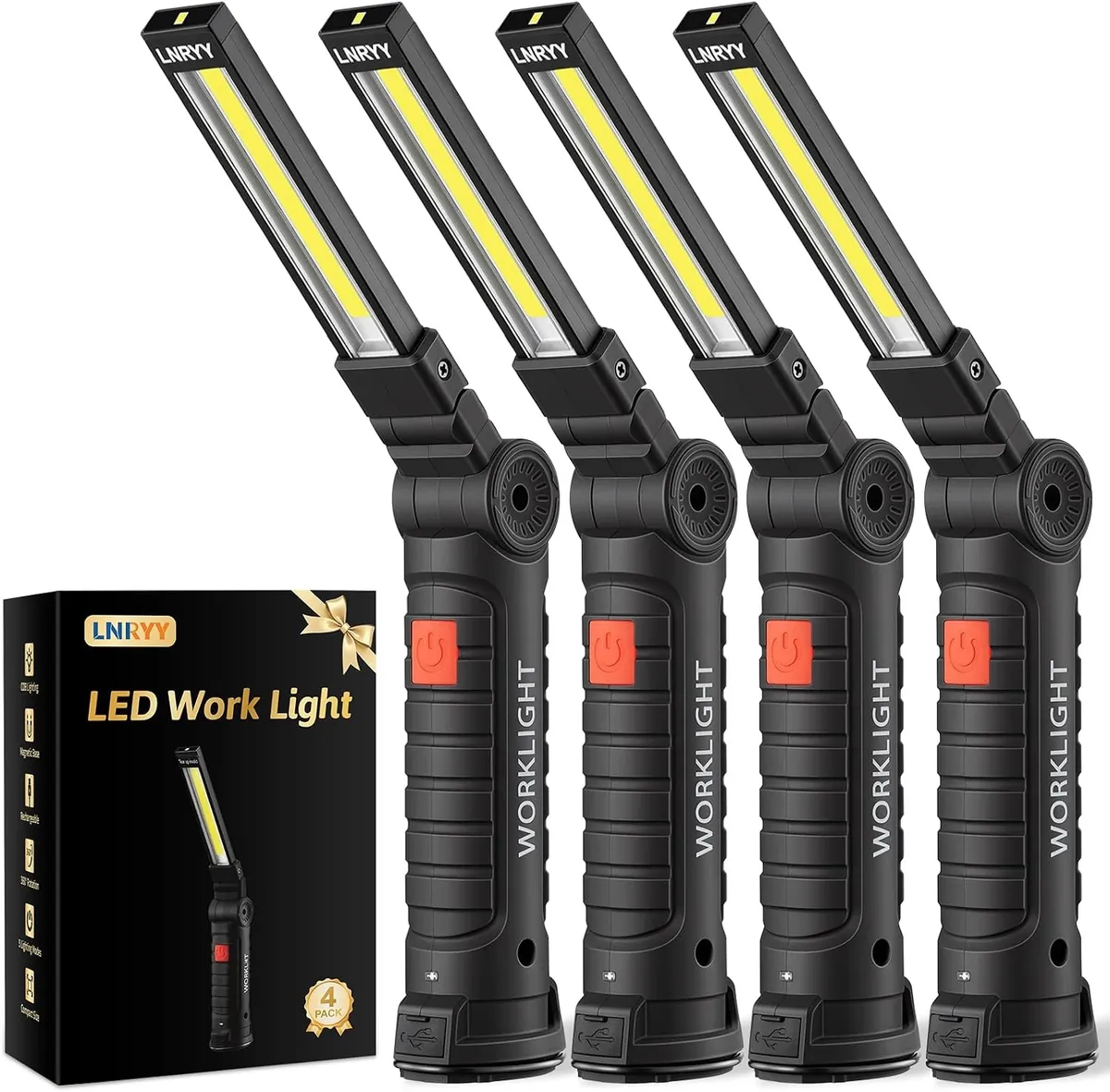 Rechargeable Magnetic LED Work Lights by Lnryy 4 Pack