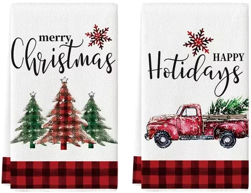 Sm:)e Black Red Buffalo Plaid Truck Christmas Trees Kitchen Dish Towels 18 x 26 Inch Set of 2