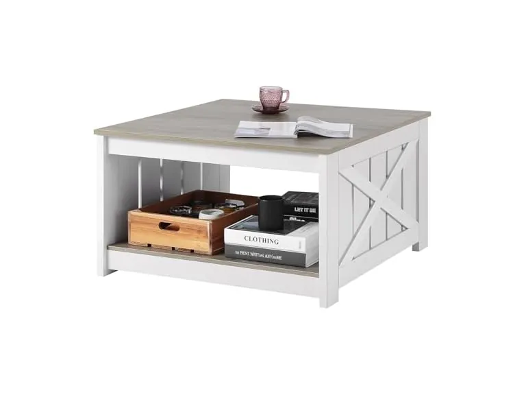 VEVOR 31.5" Square Farmhouse Coffee Table w/ Open Storage (Grey & White)