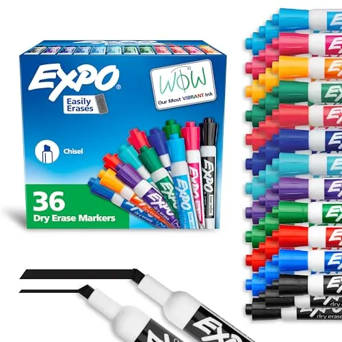 EXPO Dry Erase Markers, Low Odor Ink, Assorted Fashion Colors, Chisel Tip, 36 Count
