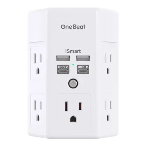 One Beat 3-Sided Wall Outlet Extender with Surge Protection, 5 Outlets & 4 USB Ports (2 USB-C), 1680J