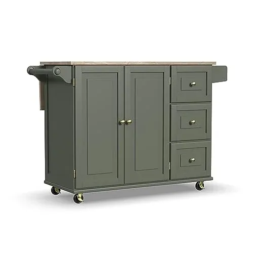 Homestyles Mobile Kitchen Island Cart w/ Wood Top & Dropleaf Breakfast Bar (Green)