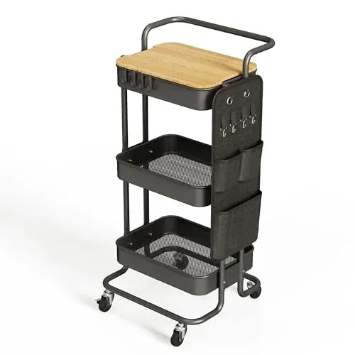 3-Tier DTK Metal Rolling Utility Cart w/ Removable Tabletop & Side Storage Bag