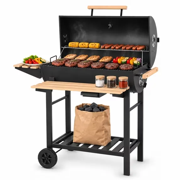 30-Inch Charcoal Barrel Grill with Warming Rack and Foldable Side Shelf
