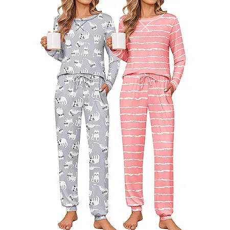 2-Pk Women's Ekouaer Long Sleeves Pajama Lounge Set w/ Jogger Pants (Various)