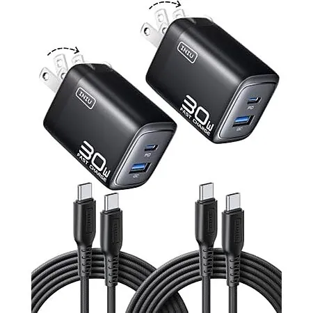 2-Pk INIU 30W GaN Mini USB-C/A Wall Charger w/ 2x 5' USB-C Cable (Black)
