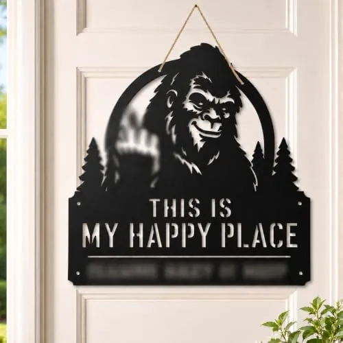 8" Happy Place Bigfoot Metal Sign