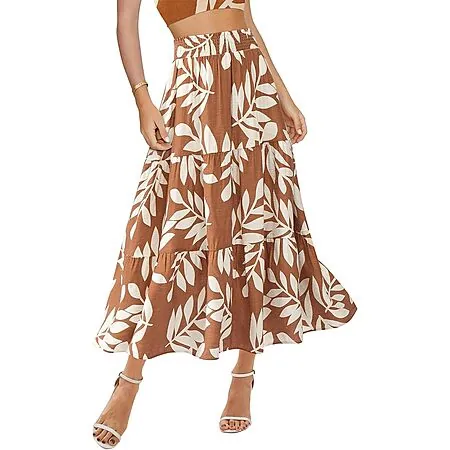 BTFBM Women's Elastic Waist A Line Flowy Floral Midi Skirt w/ Pockets