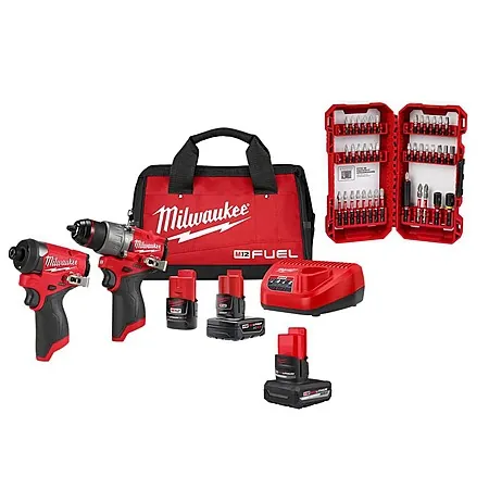 Milwaukee M12 FUEL 12V Brushless Hammer Drill/Impact Driver Kit w/ 3 Batteries & Bit Set