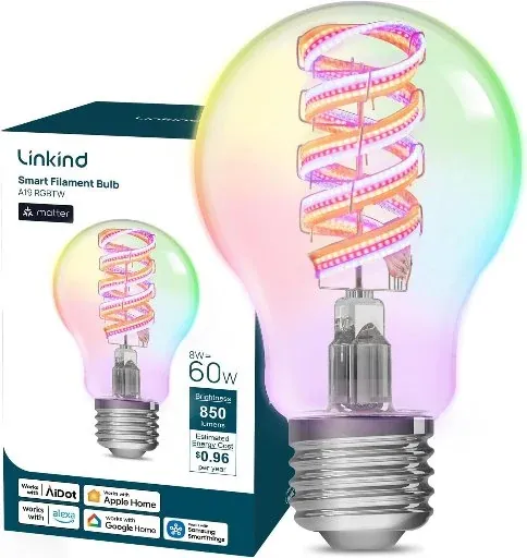 Linkind Matter A19 Smart LED Edison Light Bulb w/ 16M Colors, Tunable White, Music Sync