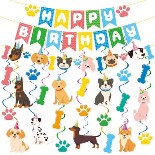 Dog Birthday Decorations Pre-Strung Birthday Banner Hanging Swirl