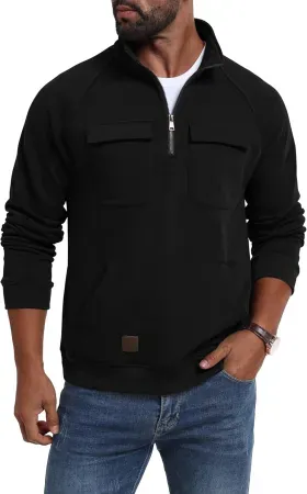 Lepunuo Men's Quarter-Zip Fleece Cargo Sweatshirt