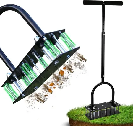 RIFPOD Height Adjustable Manual Lawn Aerator Tool w/ 15 Iron Spikes