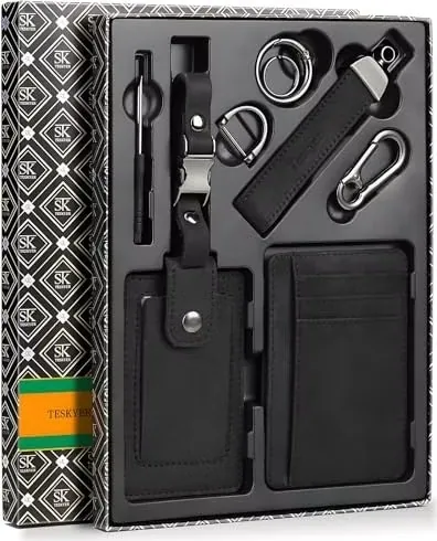 Teskyer Men's Leather Wallet, Luggage Tag, and Keychain Gift Set